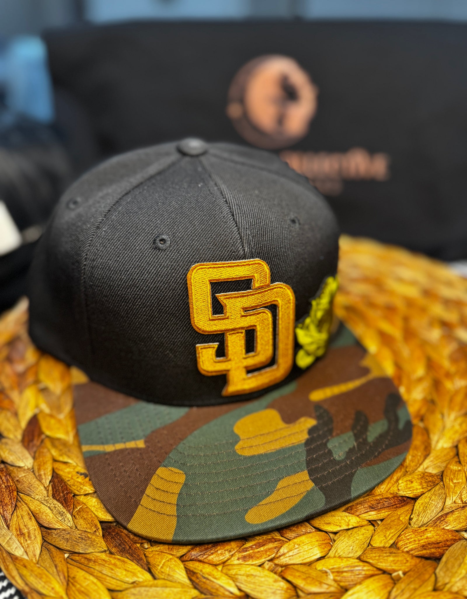 San Diego - half camo w/ olive rose and green evil eye