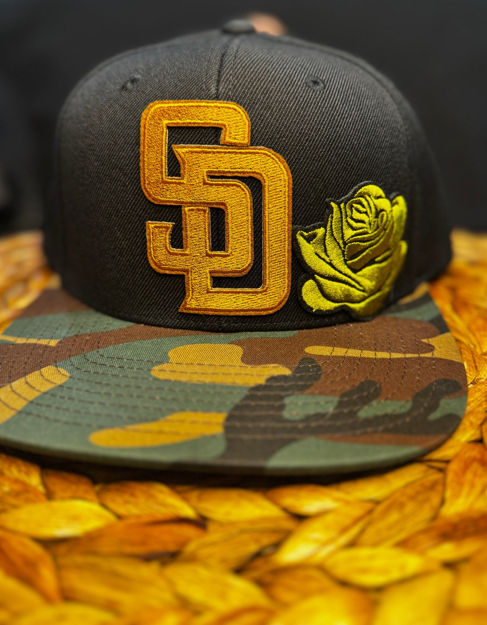 San Diego - half camo w/ olive rose and green evil eye